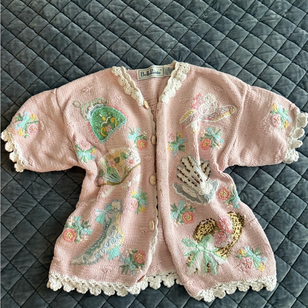 Pink Embroidered Cardigan with Lace Trim